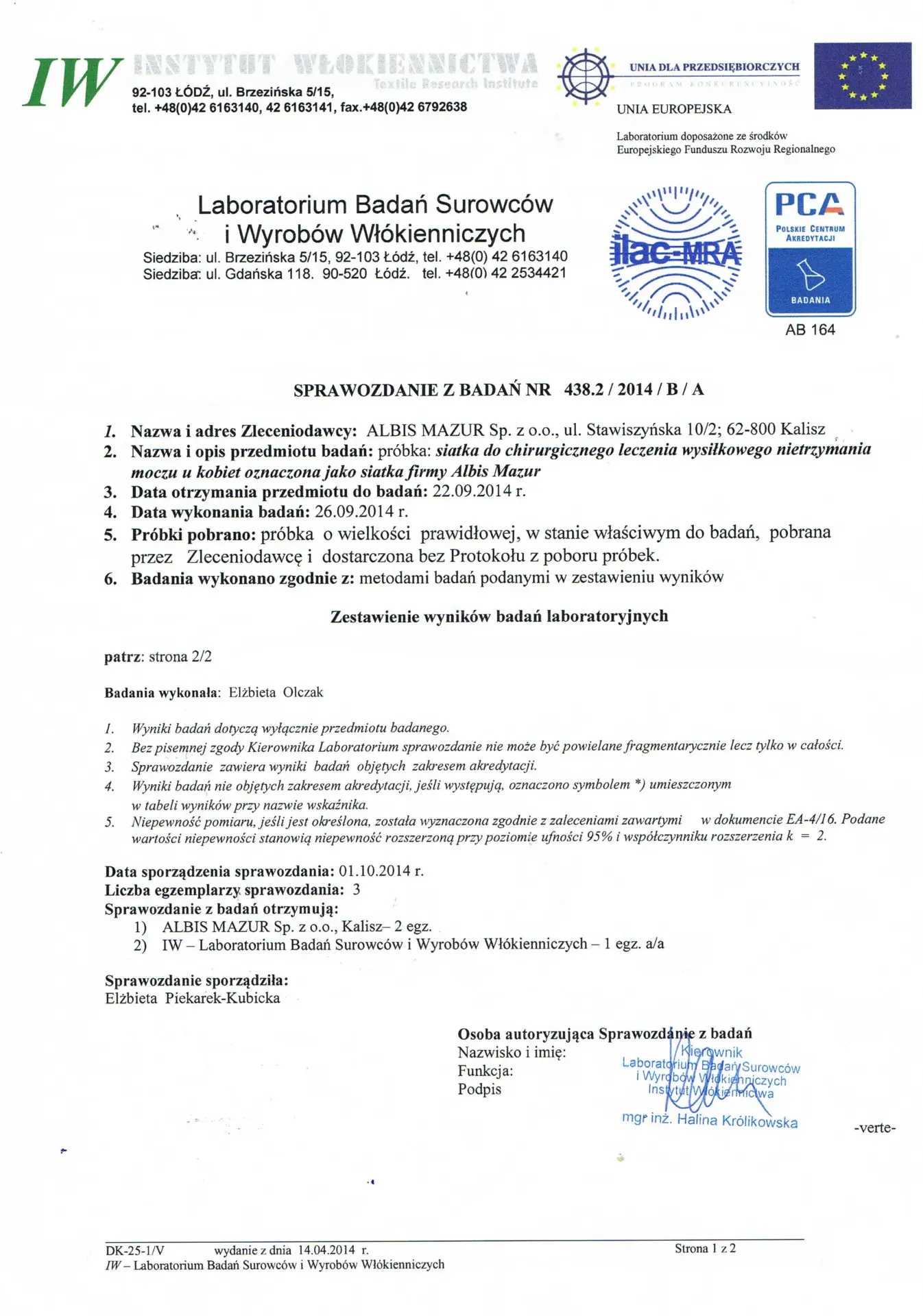 Instytut Wlokiennictwa badanie wytrzymalosciowe siatki Albis 1 