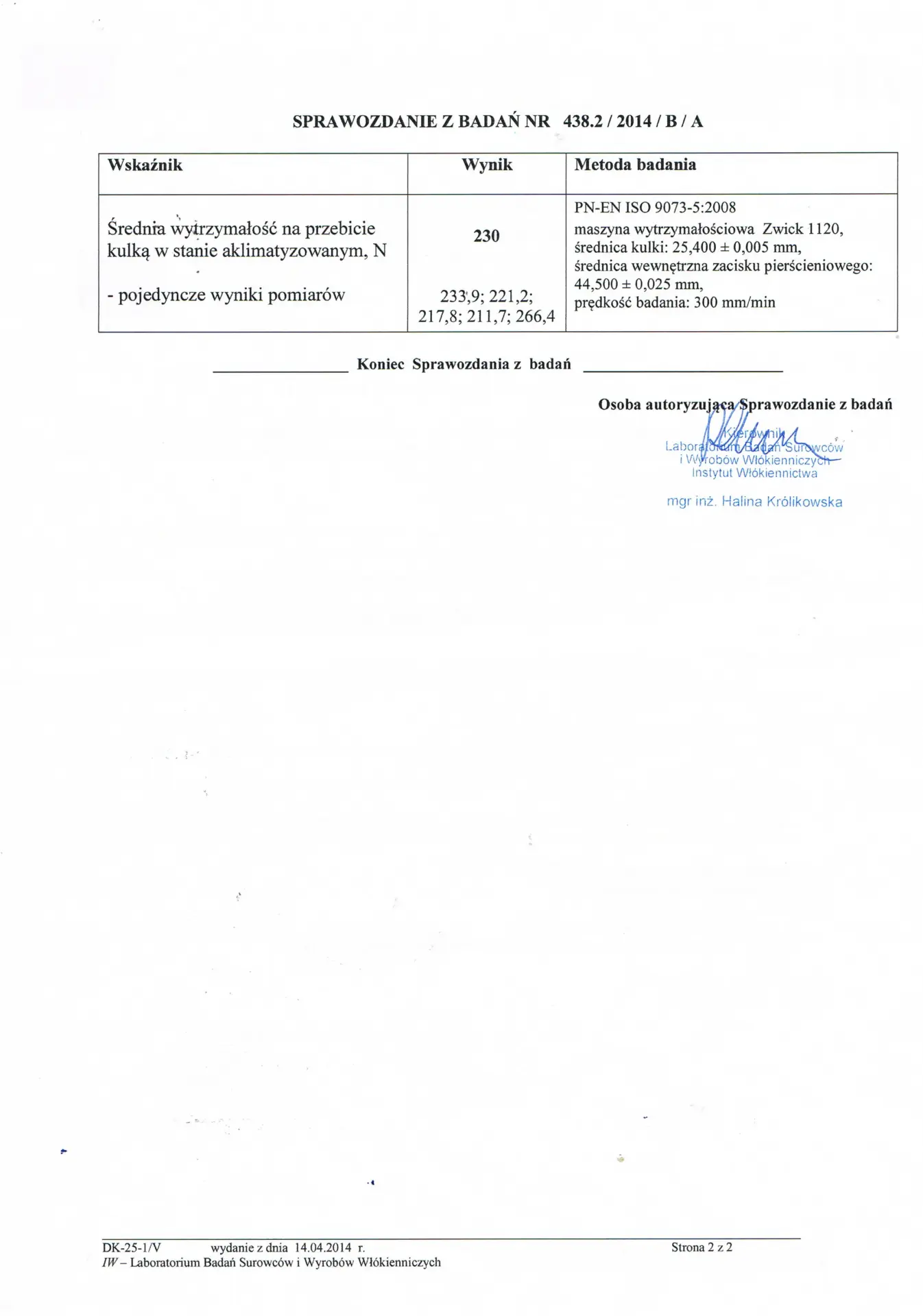 Instytut Wlokiennictwa badanie wytrzymalosciowe siatki Albis 2 