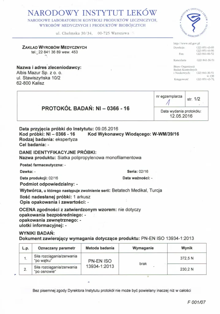 Narodowy Instytu Lekow badanie wytrzymalosciowe siatki Albis
